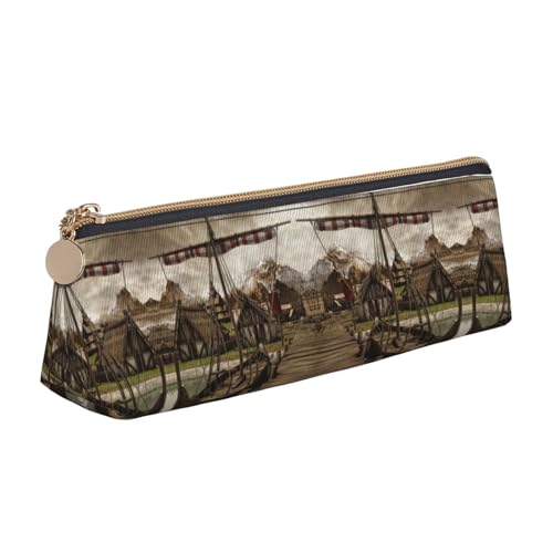 DNBCLEZK Old Viking Boat Cute Leather Triangle Pencil Case,Premium Smooth Zipper Durable Metal Puller,Full-Print Designer Stationery Organizer for School Office von DNBCLEZK