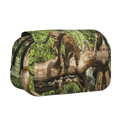 DNBCLEZK Panther On Tree Stamm Wasserfall Doppellagiges Flip-Top Federmäppchen, großes Fassungsvermögen, 50 Stifte, Organizer, strapazierfähiges Polyester, Schreibwarenhalter für Schule, Kunst, Reisen von DNBCLEZK