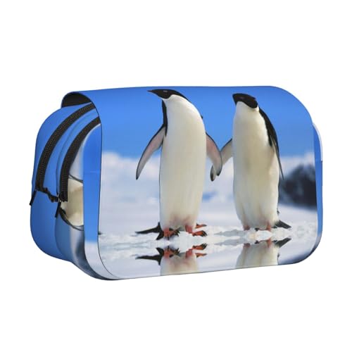 DNBCLEZK Pinguin-Doppelschicht-Federmäppchen, großes Fassungsvermögen, Organizer für 50 Stifte, strapazierfähiges Polyester, Schreibwaren-Halter für Schule, Kunstreisen (Allover-Druck) von DNBCLEZK