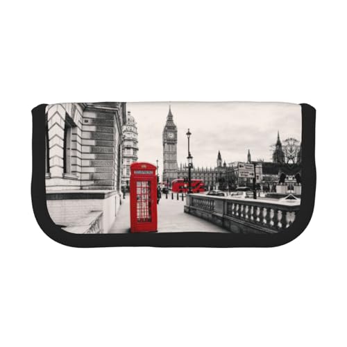 DNBCLEZK Red Phone Booth London Street Federmäppchen aus Segeltuch, großes Fassungsvermögen, schwarzer Rand, Mehrzweck-Make-up-Tasche, Organizer, doppelter Reißverschluss (19 x 9 x 5 cm) von DNBCLEZK