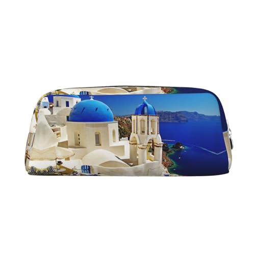 DNBCLEZK Santorini Federmäppchen aus Leder, Motiv: griechische Insel und Meerblick, niedliches Leder-Federmäppchen für Mädchen und Jungen, personalisierbar, silber, Einheitsgröße, Taschen-Organizer von DNBCLEZK