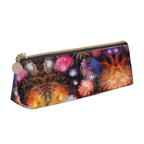 DNBCLEZK Schönes Feuerwerk niedliches dreieckiges Federmäppchen aus Leder, hochwertiger glatter Reißverschluss, langlebiger Metallabzieher, vollständiger Druck, Designer-Schreibwaren-Organizer für von DNBCLEZK