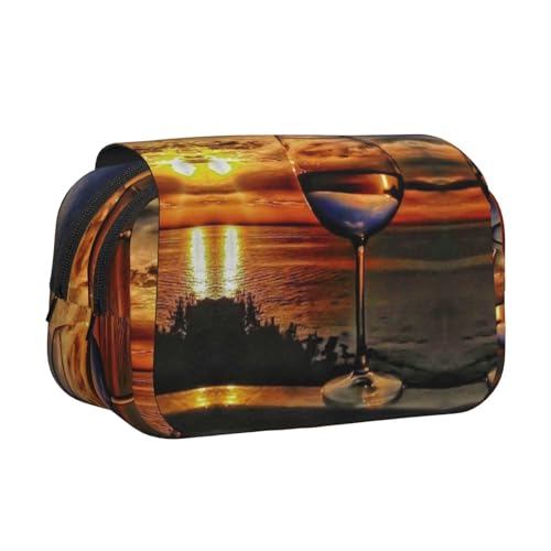DNBCLEZK Sunset Weinglas-Federmäppchen, doppellagig, Flip-Top-Federmäppchen, großes Fassungsvermögen, Organizer für 50 Stifte, strapazierfähiges Polyester, Schreibwaren-Halter für Schule, Kunstreisen von DNBCLEZK