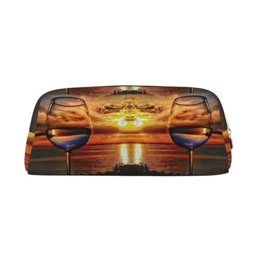 DNBCLEZK Sunset Weinglas personalisierbar Leder Reißverschluss Federmäppchen Volldruck Design Schule und Büro Schreibwarenhalter (personalisiertes Muster), gold, Einheitsgröße von DNBCLEZK