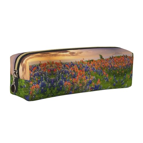 DNBCLEZK Texas Bluebonnets Federmäppchen aus Leder, niedliches Leder-Federmäppchen, hochwertiger glatter Reißverschluss, langlebiger Metallabzieher, Volldruck, Designer-Schreibwaren-Organizer für von DNBCLEZK