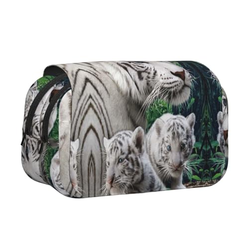 DNBCLEZK Tiger Doppelschichtiges Flip-Top-Federmäppchen, großes Fassungsvermögen, Organizer für 50 Stifte, strapazierfähiges Polyester, Schreibwaren-Halter für Schule, Kunstreisen (Allover-Druck) von DNBCLEZK