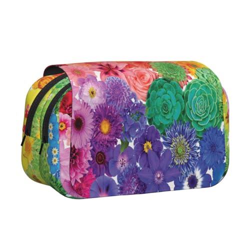 Doppelschichtiges Federmäppchen mit Regenbogen-Blumen, großes Fassungsvermögen, 50 Stifte, Organizer, strapazierfähiges Polyester, Schreibwaren-Halter für Schule, Kunstreisen (Allover-Druck) von DNBCLEZK