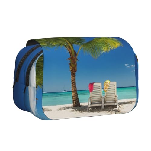 Federmäppchen, Motiv: Strandpalme, Stühle, Boote, doppellagig, Flip-Top-Federmäppchen, großes Fassungsvermögen, 50 Stifte, Organizer, strapazierfähiges Polyester, Schreibwaren-Halter für Schule von DNBCLEZK