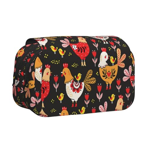 Federmäppchen mit niedlichem Hahn-Huhn, doppelschichtig, Flip-Top-Federmäppchen, großes Fassungsvermögen, Organizer für 50 Stifte, strapazierfähiges Polyester, Schreibwaren-Halter für Schule von DNBCLEZK