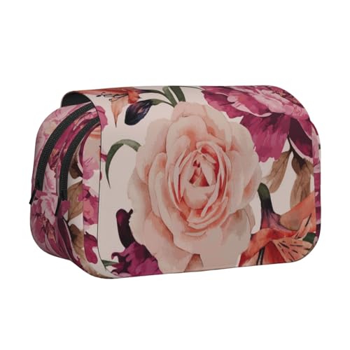 Flowerand Rose Doppelschichtiges Flip-Top-Federmäppchen, großes Fassungsvermögen, Organizer für 50 Stifte, strapazierfähiges Polyester, Schreibwaren-Halter für Schule, Kunstreisen (Allover-Druck) von DNBCLEZK