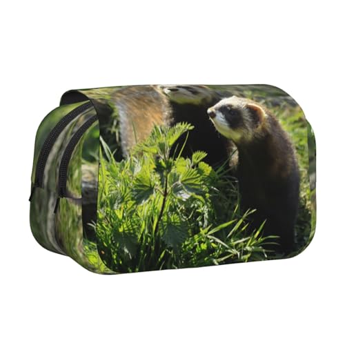 Foraging Frettchen Doppelschichtiges Flip-Top-Federmäppchen, großes Fassungsvermögen, Organizer für 50 Stifte, strapazierfähiges Polyester, Schreibwaren-Halter für Schule, Kunstreisen (Allover-Druck) von DNBCLEZK