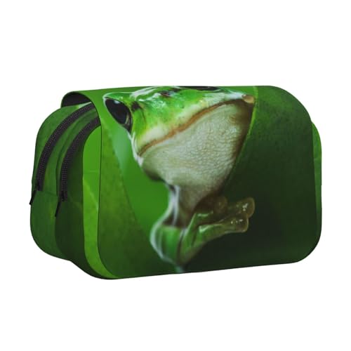 Green Frog The Leaves Doppelschichtiges Flip-Top-Federmäppchen, großes Fassungsvermögen, Organizer für 50 Stifte, strapazierfähiges Polyester, Schreibwaren-Halter für Schule, Kunstreisen von DNBCLEZK
