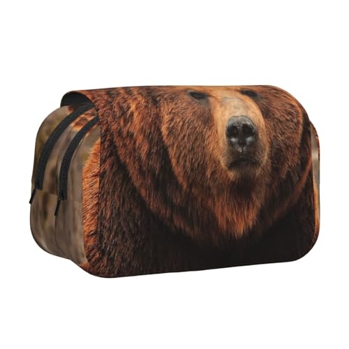 Grizzly Bear Doppelschichtiges Flip-Top-Federmäppchen, großes Fassungsvermögen, Organizer für 50 Stifte, strapazierfähiges Polyester, Schreibwaren-Halter für Schule, Kunstreisen (Allover-Druck) von DNBCLEZK