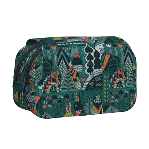 Grüne Tiere, doppelschichtiges Flip-Top-Federmäppchen, großes Fassungsvermögen, Organizer für 50 Stifte, strapazierfähiges Polyester, Schreibwaren-Halter für Schule, Kunstreisen (Allover-Druck) von DNBCLEZK