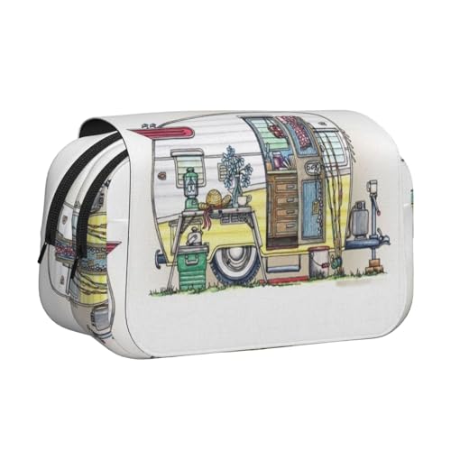 Happy Campers Doppelschichtiges Flip-Top-Federmäppchen, großes Fassungsvermögen, Organizer für 50 Stifte, strapazierfähiges Polyester, Schreibwaren-Halter für Schule, Kunstreisen (Allover-Druck) von DNBCLEZK