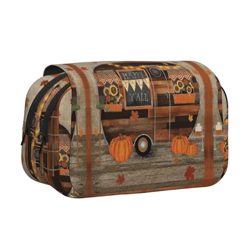 Happy Fall Camper Doppelschichtiges Flip-Top-Federmäppchen, großes Fassungsvermögen, Organizer für 50 Stifte, strapazierfähiges Polyester, Schreibwaren-Halter für Schule, Kunstreisen (Allover-Druck) von DNBCLEZK