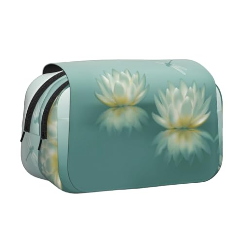 Libelle mit Seerose, doppellagiges Flip-Top-Federmäppchen, großes Fassungsvermögen, 50 Stifte, Organizer, strapazierfähiges Polyester, Schreibwaren-Halter für Schule, Kunstreisen (Allover-Druck) von DNBCLEZK