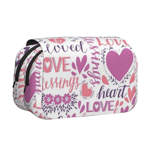 Lovely Hearts Doppelschichtiges Flip-Top-Federmäppchen, großes Fassungsvermögen, Organizer für 50 Stifte, strapazierfähiges Polyester, Schreibwaren-Halter für Schule, Kunstreisen (Allover-Druck) von DNBCLEZK