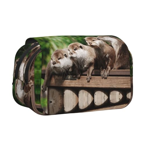 Niedliches Otter Doppelschichtiges Flip-Top-Federmäppchen, großes Fassungsvermögen, Organizer für 50 Stifte, strapazierfähiges Polyester, Schreibwaren-Halter für Schule, Kunstreisen (Allover-Druck) von DNBCLEZK