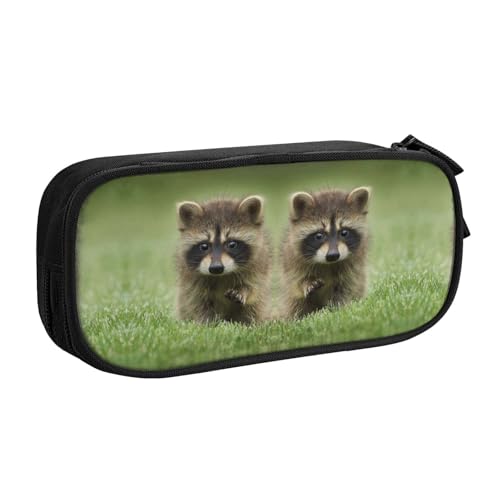 Niedliches Waschbär-Federmäppchen, großes Fassungsvermögen, doppellagig, personalisierbar, Volldruck, Polyestergewebe, Organizer, Schule, Büro, Reise-Make-up-Tasche, Schwarz , Einheitsgröße von DNBCLEZK