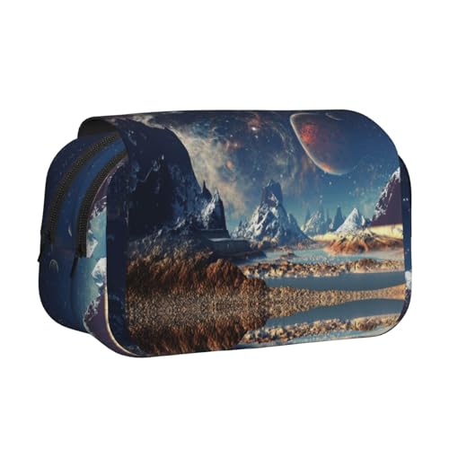 Planet Doppelschichtiges Flip-Top-Federmäppchen, großes Fassungsvermögen, Organizer für 50 Stifte, strapazierfähiges Polyester, Schreibwaren-Halter für Schule, Kunstreisen (Allover-Druck) von DNBCLEZK