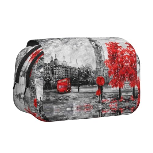 Red London Street Federmäppchen, doppellagig, Flip-Top, großes Fassungsvermögen, Organizer für 50 Stifte, strapazierfähiges Polyester, Schreibwarenhalter für Schule, Kunstreisen (Allover-Druck) von DNBCLEZK