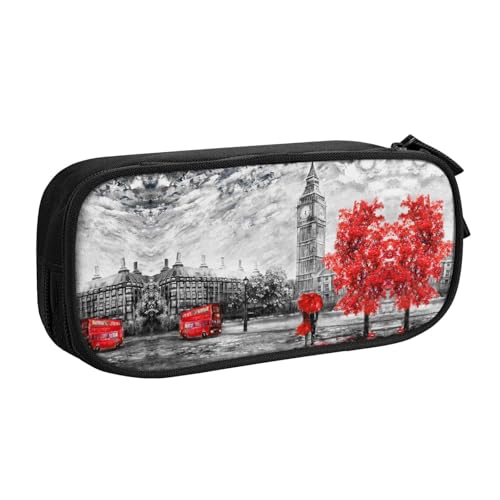 Red London Street Federmäppchen mit großem Fassungsvermögen, doppellagig, personalisierbar, Volldruck, Polyestergewebe, Organizer, Schule, Büro, Reisen, Make-up-Tasche, Schwarz , Einheitsgröße von DNBCLEZK