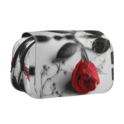 Red Rose Doppelschichtiges Flip-Top-Federmäppchen, großes Fassungsvermögen, Organizer für 50 Stifte, strapazierfähiges Polyester, Schreibwaren-Halter für Schule, Kunstreisen (Allover-Druck) von DNBCLEZK