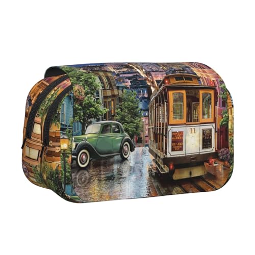 San Francisco Doppelschichtiges Flip-Top-Federmäppchen, großes Fassungsvermögen, Organizer für 50 Stifte, strapazierfähiges Polyester, Schreibwaren-Halter für Schule, Kunstreisen (Allover-Druck) von DNBCLEZK