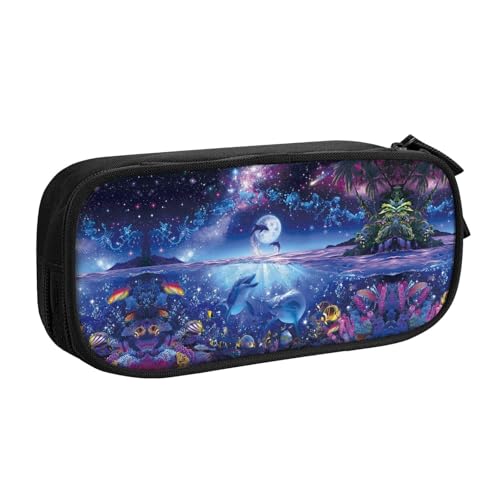 Sea Blue Marine Life Federmäppchen, großes Fassungsvermögen, doppellagig, personalisierbar, Volldruck, Polyestergewebe, Organizer, Schule, Büro, Reisen, Make-up-Tasche, Schwarz , Einheitsgröße von DNBCLEZK