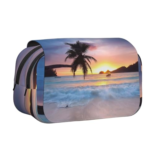 Sunrise Federmäppchen mit tropischer Palmeninsel, doppellagig, Flip-Top-Federmäppchen, großes Fassungsvermögen, 50 Stifte, Organizer, strapazierfähiges Polyester, Schreibwaren-Halter für Schule von DNBCLEZK