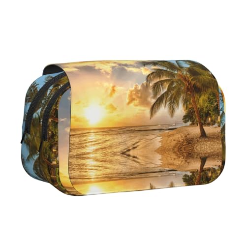 Sunset Hawaiian Palm Tree Double Layer Flip-Top Pencil Case,Large Capacity 50 Pens Organizer, Durable Polyester Stationery Holder for School, Art Travel (All-Over Print) von DNBCLEZK