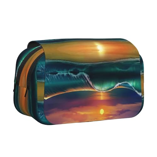 Sunset Seaside Doppelschichtiges Flip-Top-Federmäppchen, großes Fassungsvermögen, Organizer für 50 Stifte, strapazierfähiges Polyester, Schreibwaren-Halter für Schule, Kunstreisen (Allover-Druck) von DNBCLEZK
