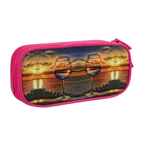 Sunset Wine Glass Large Capacity Double Layer Pencil Case,Customizable Full Print Polyester Fabric Organizer-School, Office, Travel Makeup Pouch, rose, Einheitsgröße von DNBCLEZK