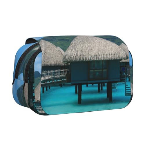 Tahiti Beach Doppelschichtiges Flip-Top-Federmäppchen, großes Fassungsvermögen, Organizer für 50 Stifte, strapazierfähiges Polyester, Schreibwaren-Halter für Schule, Kunstreisen (Allover-Druck) von DNBCLEZK
