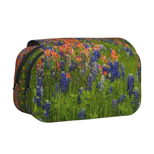 Texas Bluebonnets Scenery Doppelschichtiges Flip-Top-Federmäppchen, großes Fassungsvermögen, Organizer für 50 Stifte, strapazierfähiges Polyester, Schreibwaren-Halter für Schule, Kunstreisen von DNBCLEZK