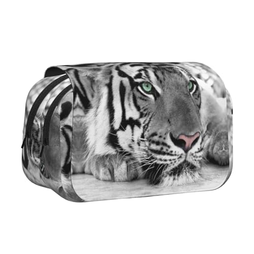 Tiger Leopard Doppelschichtiges Flip-Top-Federmäppchen, großes Fassungsvermögen, Organizer für 50 Stifte, strapazierfähiges Polyester, Schreibwaren-Halter für Schule, Kunstreisen (Allover-Druck) von DNBCLEZK