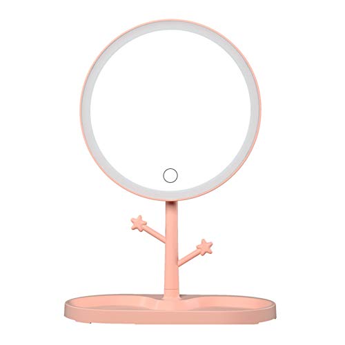 Kosmetikspiegel, Desktop-Schminkspiegel, Damen-LED-Schminkspiegel mit Kosmetikablage, Schminkspiegel, runder Schminkspiegel, Geschenk-Schminkspiegel (Color : Pink) von DNCG