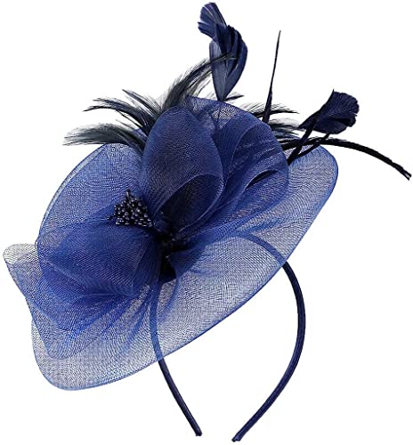 Mesh-Damen-Fascinators, Federn-Teeparty-Hut, Schleier-Stirnband mit Haarspange, Haar-Accessoire, Fasinators-Stirnbänder (Color : Navy, Size : One Size) von DNCG