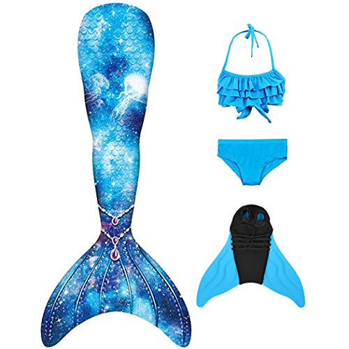 DNFUN Meerjungfrauenflosse Mädchen Cosplay Badeanzug mit Meerjungfrau Flosse für Kinder zum Schwimmen,blau,JCK15,140 von DNFUN