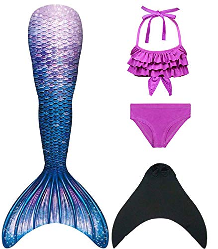 DNFUN Meerjungfrauenflosse Mädchen Meerjungfrauenschwanz zum Schwimmen mit Bikini mit meerjungfrau Flosse für Kinder,4 Stück Set von DNFUN