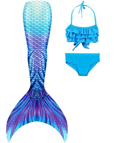 DNFUN Meerjungfrauenschwanz mit Bikini zum Schwimmen für Mädchen Meerjungfrau Schwanz Schwimmen kostüme für Kinder,ohne Einlagen Hart Monoflosse 3 Stück von DNFUN