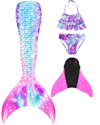 DNFUN meerjungfrauenflosse mädchen Badeanzug - Meerjungfrau Flosse Bademode mit Bikini Set und Monoflosse Mermaid Tail von DNFUN