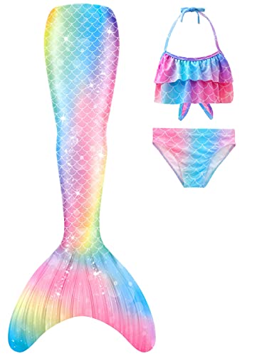 Meerjungfrauschwänze mit Bikini für Mädchen 3pc,Mermaid Tail Dress Up Meerjungfrauschwimmen Kostüme für Kinder,ohne Monoflosse von DNFUN
