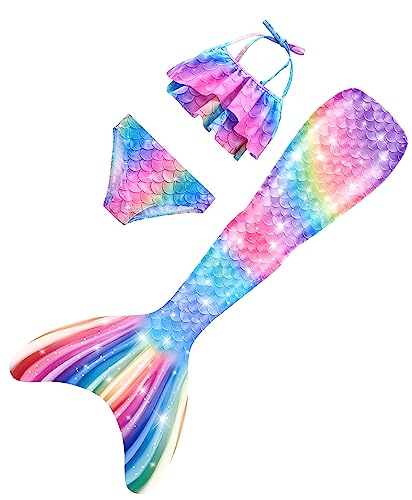 Meerjungfrauschwänze mit Bikini für Mädchen 3pc,Mermaid Tail Dress Up Meerjungfrauschwimmen Kostüme für Kinder,ohne Monoflosse von DNFUN