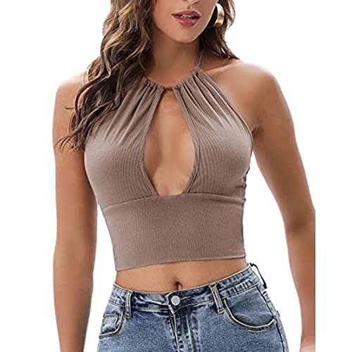 DNLKWGO Damen Sexy Crop Top Halfter Sommer Y2k Tops Rückenfrei Camis Tank Cropped Tops, Khaki, X-Groß von DNLKWGO