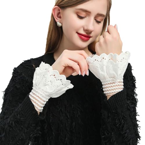 DNLKWGO Damen-Handgelenkmanschetten aus Spitze, abnehmbare Handärmel, Lolita, falsche Ärmel, plissierte Hornmanschetten für Pulloverkleid, C-Weiß, EinheitsgröÃŸe von DNLKWGO