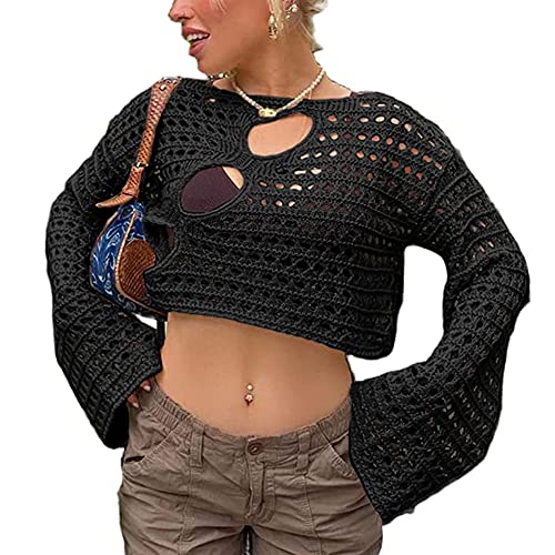 DNLKWGO Sexy Y2K Gestrickte Crop Tops Shrugs aushöhlen Langarm Lose Shirt Pullover Cover up, Schwarz, Einheitsgröße von DNLKWGO