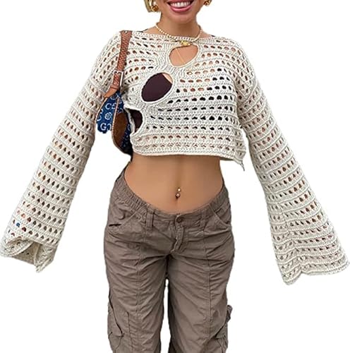 DNLKWGO Sexy Y2K Gestrickte Crop Tops Shrugs aushöhlen Langarm Lose Shirt Pullover Cover up, Weiss/opulenter Garten, Einheitsgröße von DNLKWGO