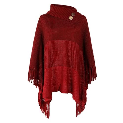 DNLKWGO Übergroßer Strickpullover Pullover Pullover Poncho Rollkragen Schal Pullover mit Fransen für Frauen Mädchen, Red, One size von DNLKWGO